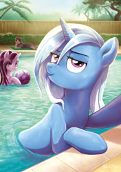 Size: 1748x2480 | Tagged: safe, artist:yulyeen, imported from derpibooru, maud pie, starlight glimmer, trixie, earth pony, pony, unicorn, ball, bedroom eyes, female, looking at you, mare, selfie, smiling, smirk, swimming pool, trio, water, wet, wet mane