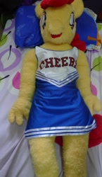Size: 847x1460 | Tagged: safe, artist:liggliluff, artist:pixie panda plush, artist:redness, imported from derpibooru, apple bloom, anthro, anthro plushie, bed, cheerleader, clothes, dress, irl, photo, plushie