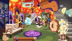Size: 1280x720 | Tagged: safe, imported from derpibooru, screencap, discord, draconequus, discordant harmony, boomerang (tv channel), discord's house, donut, duality, food, lava, portal