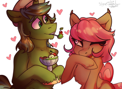 Size: 1828x1332 | Tagged: safe, artist:slynecallisto, imported from derpibooru, oc, oc only, oc:fruitful melody, oc:rc, bat pony, pony, unicorn, date, female, food, frc, heart, ice cream, male, shipping, simple background, straight, ych result