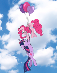 Size: 1736x2236 | Tagged: safe, artist:squipycheetah, imported from derpibooru, pinkie pie, twilight sparkle, alicorn, earth pony, pony, balloon, cloud, cloudy, cute, dangling, diapinkes, duo, duo female, eye contact, female, floating, floppy ears, folded wings, hanging on, happy, heart, heart balloon, holding hooves, lesbian, looking at each other, looking down, looking up, mare, redraw, shipping, sky, smiling, stock image, then watch her balloons lift her up to the sky, trust, twiabetes, twilight sparkle (alicorn), twinkie, windswept mane