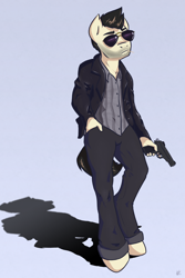 Size: 2000x3000 | Tagged: safe, artist:vigilserus, imported from derpibooru, oc, oc only, oc:lancer, anthro, unguligrade anthro, aviator sunglasses, aviators, clothes, gun, handgun, jacket, leather jacket, male, pistol, stubble, sunglasses, toothpick