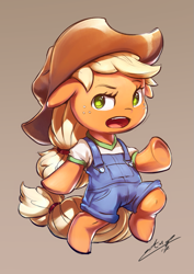 Size: 765x1080 | Tagged: safe, artist:assasinmonkey, imported from derpibooru, applejack, earth pony, pony, clothes, cowboy hat, female, hat, mare, open mouth, overalls, signature, solo, stetson, underhoof