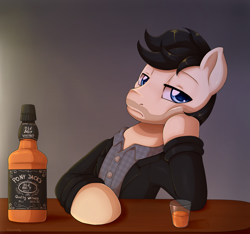 Size: 1024x960 | Tagged: safe, artist:evomanaphy, imported from derpibooru, oc, oc only, oc:lancer, pony, alcohol, clothes, glass, jack daniels, jacket, leather jacket, male, shot glass, stubble