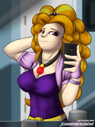 Size: 2400x3200 | Tagged: safe, artist:jcosneverexisted, imported from derpibooru, adagio dazzle, human, equestria girls, bathroom, breasts, busty adagio dazzle, cellphone, clothes, collar, female, human coloration, looking at you, phone, selfie, smartphone, solo