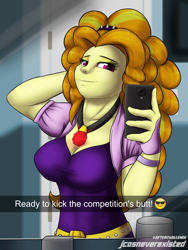 Size: 2400x3200 | Tagged: safe, artist:jcosneverexisted, imported from derpibooru, adagio dazzle, equestria girls, arm behind head, bathroom, breasts, busty adagio dazzle, cellphone, clothes, collar, emoji, female, looking at you, phone, selfie, smartphone, snapchat, solo