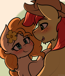 Size: 1280x1493 | Tagged: safe, artist:whitepone, imported from derpibooru, bright mac, pear butter, earth pony, pony, the perfect pear, applejack's parents, blushing, brightbutter, couple, female, flower, flower in hair, freckles, male, shipping, straight