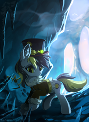 Size: 936x1280 | Tagged: safe, artist:hioshiru, imported from derpibooru, oc, oc only, earth pony, pony, clothes, costume, ear fluff, female, gear, hat, ice, jacket, leg fluff, looking at you, mare, steampunk, ych result