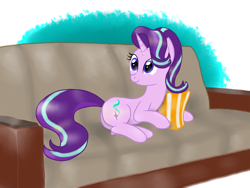 Size: 2000x1500 | Tagged: safe, artist:starlightglummer, imported from derpibooru, starlight glimmer, pony, unicorn, couch, cute, female, food, glimmerbetes, popcorn, prone, solo