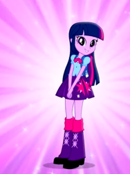 Size: 1536x2048 | Tagged: safe, imported from derpibooru, twilight sparkle, equestria girls, backpack, boots, bowtie, clothes, commercial, female, leg warmers, looking at you, magic of friendship (equestria girls), music video, purple background, shoes, simple background, skirt, solo