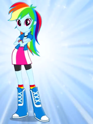 Size: 1536x2048 | Tagged: safe, imported from derpibooru, rainbow dash, equestria girls, blue background, boots, bracelet, clothes, commercial, compression shorts, crossed arms, female, jewelry, looking at you, magic of friendship (equestria girls), music video, simple background, skirt, socks, solo, sparkles, striped socks, wristband