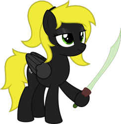 Size: 6400x6555 | Tagged: safe, artist:parclytaxel, imported from derpibooru, oc, oc only, oc:aalst the blade of society, oc:veen sundown, pegasus, pony, .svg available, absurd resolution, female, hairband, hoof hold, lidded eyes, mare, ponytail, simple background, smiling, solo, sundown clan, sword, transparent background, vector, weapon