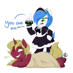 Size: 1800x1800 | Tagged: safe, artist:notenoughapples, imported from derpibooru, oc, oc only, oc:flask, oc:mal, pony, bipedal, blanket, blushing, clothes, commission, dialogue, laughing, maid, one eye closed, red nosed, sick, simple background, tissue, tissue box, transparent background