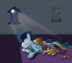 Size: 1600x1400 | Tagged: safe, artist:rebron-y, imported from derpibooru, rainbow dash, scootaloo, soarin', pegasus, pony, female, filly, male, mare, moon, moonlight, night, prone, scootalove, shipping, sleeping, soarindash, stallion, straight, window, wonderbolts poster