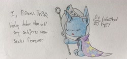 Size: 3501x1640 | Tagged: safe, artist:professionalpuppy, imported from derpibooru, trixie, pony, unicorn, cape, clothes, dialogue, eyes closed, female, hoof hold, jewelry, mare, princess, royal decree, simple background, sitting, socks, solo, staff, tiara, trixie's cape, white background