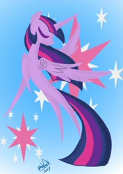 Size: 1000x1414 | Tagged: safe, artist:emositecc, imported from derpibooru, twilight sparkle, alicorn, pony, cutie mark background, eyes closed, female, looking back, mare, pointy ponies, signature, solo, spread wings, twilight sparkle (alicorn), wings