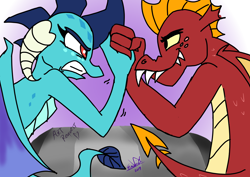 Size: 1414x1000 | Tagged: safe, artist:emositecc, imported from derpibooru, garble, princess ember, dragon, arm wrestling, duo, emble, female, glare, male, shipping, smiling, smirk, straight