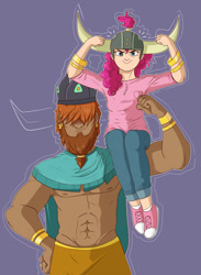 Size: 900x1228 | Tagged: safe, artist:nolycs, imported from derpibooru, pinkie pie, prince rutherford, human, not asking for trouble, abs, clothes, converse, duo, flexing, helmet, honorary yak horns, horned helmet, humanized, looking at you, muscles, shoes, size difference, smiling, sneakers, viking helmet