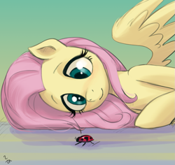 Size: 831x784 | Tagged: safe, artist:ehfa, imported from derpibooru, fluttershy, insect, ladybug, pegasus, pony, blushing, cute, female, looking at something, lying down, mare, on side, shyabetes, side, smiling, solo, spread wings, wings