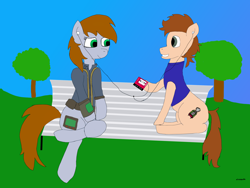 Size: 4032x3024 | Tagged: safe, artist:alviniscute, imported from derpibooru, oc, oc only, oc:harrison, oc:littlepip, pony, unicorn, fallout equestria, absurd resolution, bench, clothes, duo, fanfic, fanfic art, female, headphones, horn, jumpsuit, male, mare, park, pipbuck, stallion, tree, vault suit