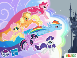 Size: 2048x1536 | Tagged: safe, imported from derpibooru, applejack, fluttershy, pinkie pie, rainbow dash, rarity, twilight sparkle, alicorn, earth pony, pegasus, pony, unicorn, my little pony rainbow runners, cardboard twilight, female, game, hasbro logo, mane six, mare, my little pony logo, rainbow runners, stock vector, twilight sparkle (alicorn)