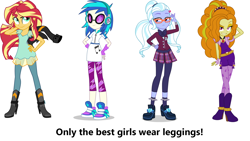 Size: 1920x1080 | Tagged: safe, imported from derpibooru, adagio dazzle, dj pon-3, sugarcoat, sunset shimmer, vinyl scratch, equestria girls, clothes, leggings, shoes, simple background, sneakers, white background