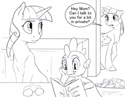Size: 3300x2550 | Tagged: safe, artist:silfoe, imported from derpibooru, spike, twilight sparkle, twilight velvet, alicorn, dragon, pony, unicorn, royal sketchbook, adopted, book, cookbook, cooking, dialogue, female, grayscale, male, monochrome, mother and son, spike's family, twilight sparkle (alicorn)