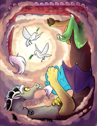Size: 787x1012 | Tagged: safe, artist:bugiling, artist:kallarmo, imported from derpibooru, discord, bird, dove, draconequus, cloud, cloudy, crepuscular rays, dove of peace, male, olive branch, on back, peace, peace symbol, pendant, smiling, solo
