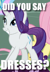 Size: 264x384 | Tagged: safe, edit, edited screencap, imported from derpibooru, screencap, rarity, pony, cropped, cute, excited, fashion, image macro, meme, question, raribetes, that pony sure does love dresses, that pony sure does love fashion