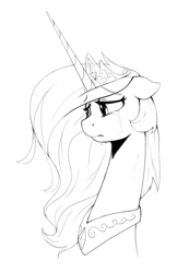 Size: 605x876 | Tagged: safe, artist:anticular, imported from derpibooru, princess celestia, alicorn, pony, crying, female, floppy ears, frown, mare, monochrome, necc, peytral, sad, simple background, solo, white background