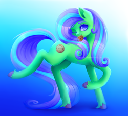 Size: 2200x2000 | Tagged: safe, artist:x-piiu, imported from derpibooru, oc, oc only, oc:chafine, pony, commission, cookie, female, food, looking at you, mare, mouth hold, one eye closed, raised hoof, raised leg, solo, wink