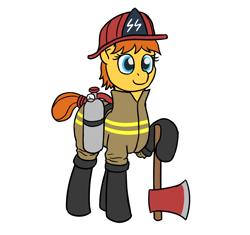 Size: 1000x938 | Tagged: safe, anonymous artist, imported from derpibooru, oc, oc only, oc:fireaxe, earth pony, pony, /mlpol/, 4chan, air tank, axe, boots, clothes, coat, female, fire suit, firefighter, firefighter helmet, fireproof boots, hat, helmet, mare, nazi, rwss, safety squad, schutzstaffel, shoes, smiling, solo, standing, tail bun, weapon