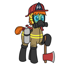 Size: 1000x938 | Tagged: safe, anonymous artist, imported from derpibooru, oc, oc only, oc:fireaxe, earth pony, pony, /mlpol/, air tank, axe, boots, clothes, coat, female, fire suit, firefighter, firefighter helmet, fireproof boots, gas mask, hard hat, hat, helmet, mare, mask, nazi, rwss, safety squad, shoes, solo, tail bun, tubes, weapon