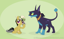 Size: 1137x700 | Tagged: safe, artist:shadobabe, imported from derpibooru, ahuizotl, daring do, pegasus, pony, ahuidorable, cute, daring dorable, duo, duo male and female, female, filly, filly daring do, male, simple background, younger