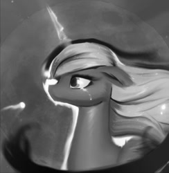 Size: 946x968 | Tagged: safe, artist:lmgchikess, imported from derpibooru, princess luna, alicorn, pony, bust, crying, female, floppy ears, mare, missing accessory, monochrome, portrait, solo