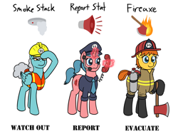 Size: 1280x960 | Tagged: safe, anonymous artist, imported from derpibooru, oc, oc only, oc:fireaxe, oc:report stat, oc:smoke stack, earth pony, pegasus, pony, unicorn, /mlpol/, 4chan, air tank, axe, boots, civil servant, clothes, coat, concerned, concerned pony, cutie mark, cutie mark background, ear-piece, evacuate, female, fire safety, fire suit, firefighter, fireproof boots, hard hat, hat, helmet, high-visibility clothing, line-up, magic, mare, nazi, necktie, peering, phone, ponytail, report, rwss, safety squad, safety vest, schutzstaffel, shoes, suit, tail bun, team, telekinesis, trio, trio female, tubes, watch out, weapon, wires