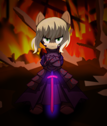 Size: 2200x2600 | Tagged: safe, artist:geraritydevillefort, imported from derpibooru, applejack, pony, anime, armor, artoria pendragon, bipedal, blood, crossover, excalibur, excalibur morgan, fate/grand order, fate/stay night, female, fire, looking at you, mare, saber alter, solo, sword, weapon