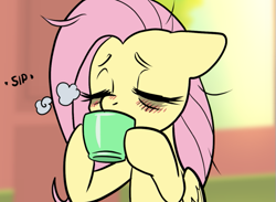 Size: 567x415 | Tagged: safe, artist:pencils, edit, imported from derpibooru, fluttershy, pony, coffee, cropped, female, morning ponies, sleepy, solo, tired