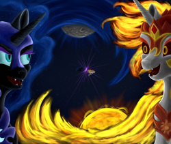 Size: 1024x865 | Tagged: safe, artist:com3tfire, imported from derpibooru, daybreaker, nightmare moon, alicorn, pony, a royal problem, fight, laughing, moon, stars