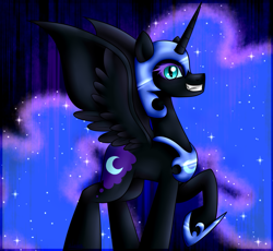 Size: 1303x1200 | Tagged: safe, artist:lada03, imported from derpibooru, nightmare moon, alicorn, pony, female, grin, raised hoof, smiling, solo, spread wings, wings