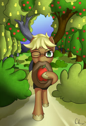 Size: 877x1280 | Tagged: safe, artist:calena, imported from derpibooru, oc, oc only, oc:applegeek, pony, the perfect pear, apple, apple tree, bush, glasses, hat, intertwined trees, pear, pear tree, profile, solo, tree