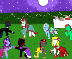 Size: 1097x897 | Tagged: safe, artist:ask-luciavampire, imported from derpibooru, twilight sparkle, oc, alicorn, bat pony, pegasus, pony, unicorn, tumblr:ask-luciavampire, alicorn oc, clothes, dancing, dress, eyes closed, female, male, mare, night, prom, red and black oc, stallion, suit, tumblr, twilight sparkle (alicorn)