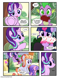 Size: 1275x1650 | Tagged: safe, artist:dsana, imported from derpibooru, amber laurel, cloudy spinel, donut joe, spike, starlight glimmer, twilight sparkle, alicorn, crystal pony, dragon, pony, comic:the shadow shard, card, comic, female, filly, magic, playing card, train, twilight sparkle (alicorn), underhoof