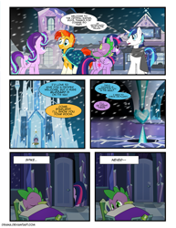 Size: 1275x1650 | Tagged: safe, artist:dsana, imported from derpibooru, shining armor, spike, starlight glimmer, sunburst, twilight sparkle, alicorn, dragon, pony, comic:the shadow shard, comic, crystal empire, crystal heart, sleeping, snow, train, twilight sparkle (alicorn)