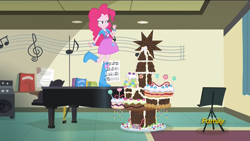 Size: 1920x1080 | Tagged: safe, imported from derpibooru, screencap, pinkie pie, dance magic, equestria girls, spoiler:eqg specials, cake, cake pop, chocolate, chocolate cake, cookie, discovery family logo, female, food, raised leg, twilight's castle