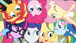 Size: 1920x1080 | Tagged: safe, imported from derpibooru, screencap, applejack, fluttershy, pinkie pie, rainbow dash, rarity, sci-twi, sunset shimmer, twilight sparkle, dance magic, equestria girls, spoiler:eqg specials, cute, dashabetes, diapinkes, female, huddle, humane five, humane seven, humane six, jackabetes, one eye closed, raribetes, shimmerbetes, shyabetes, sleeveless, tanktop, teletoon, twiabetes, wink