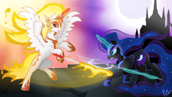 Size: 3840x2160 | Tagged: safe, artist:virenth, imported from derpibooru, daybreaker, nightmare moon, alicorn, pony, a royal problem, duo, female, fight, fire, looking at each other, mare, moon, sisters, sun, weapon