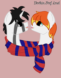 Size: 2322x3000 | Tagged: safe, alternate version, artist:dookin, imported from derpibooru, oc, oc only, oc:dookin foof lord, oc:the mad badger, pony, clothes, cuddling, cute, gay, male, request, requested art, scarf, scarf cuddles, shared clothing, shared scarf, simple background