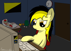 Size: 1024x736 | Tagged: safe, artist:czaroslaw, imported from derpibooru, oc, oc only, oc:leslie fair, earth pony, pony, /mlpol/, anarcho-capitalism, bags, bed, bedroom, body pillow, can, chair, clock, computer, dark room, desk, door, escii keyboard, flag, garbage bin, keyboard, pee in container, politics, room, sitting, tissue, trash can, urine