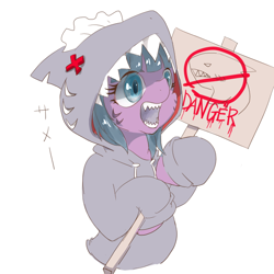 Size: 600x600 | Tagged: safe, artist:grimbloody, imported from derpibooru, oc, oc only, pony, shark, clothes, hoodie, hoof hold, open mouth, shark costume, sharp teeth, sign, simple background, solo, teeth, white background